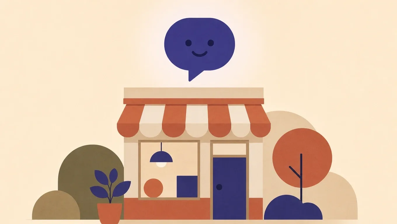 A small storefront with a smiling speech bubble floating above the roof