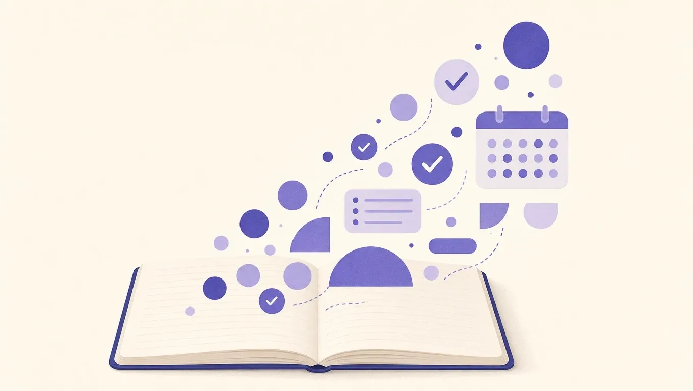 Ordered tasks flow out of an open notebook: lists, checkmarks and a calendar