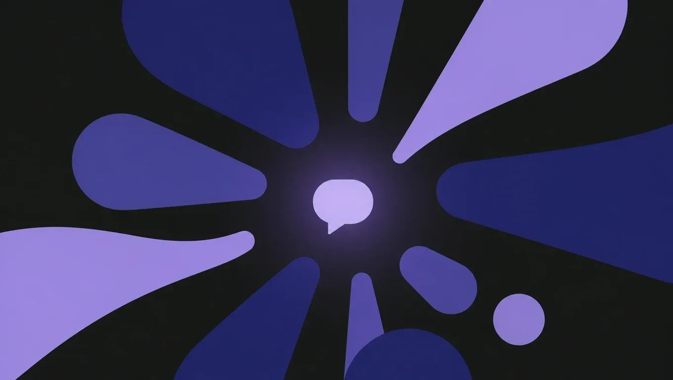 A glowing speech bubble at the center of radiating shapes on a dark background
