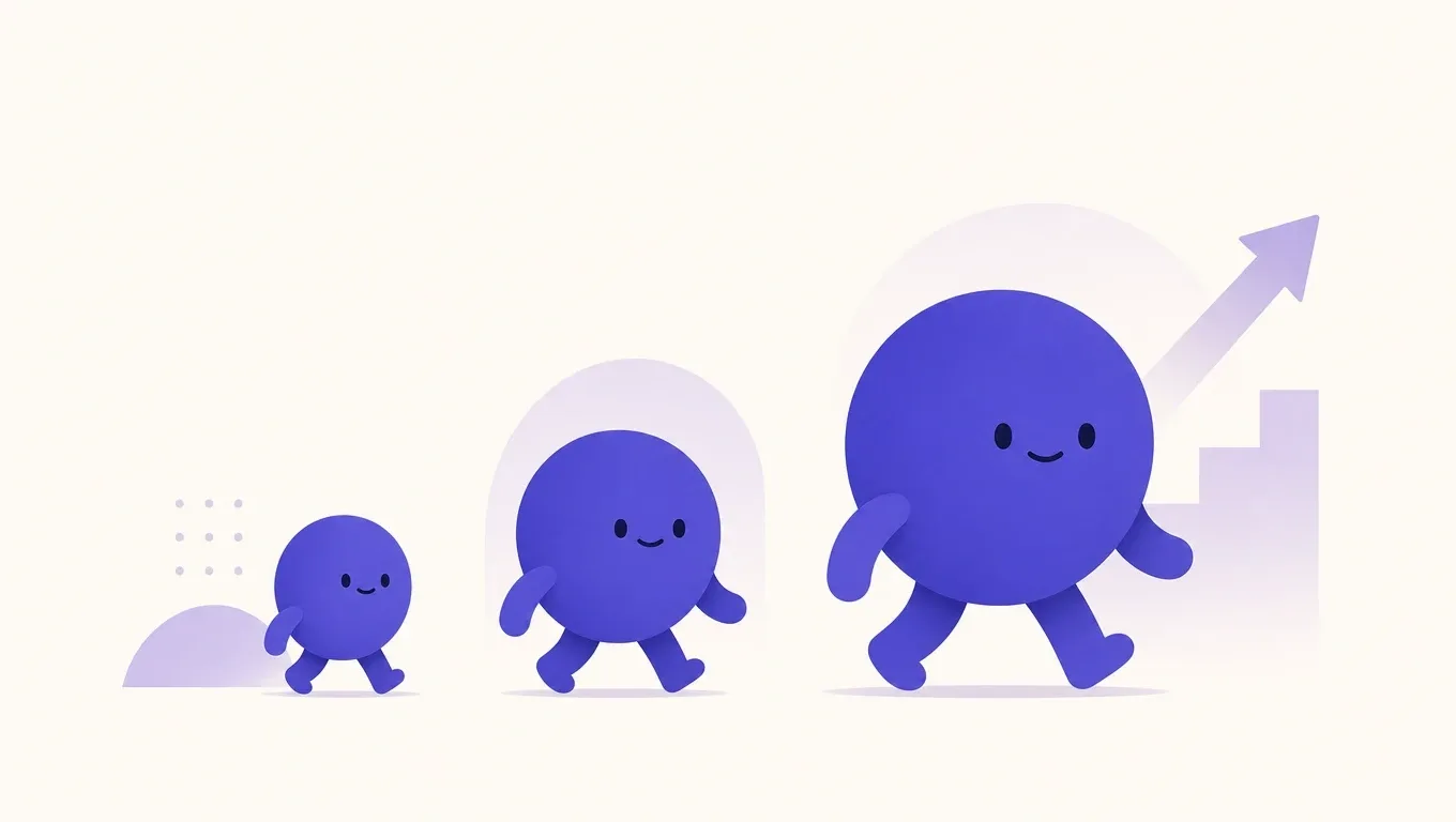 Three round figures walk in growing sizes next to a rising arrow