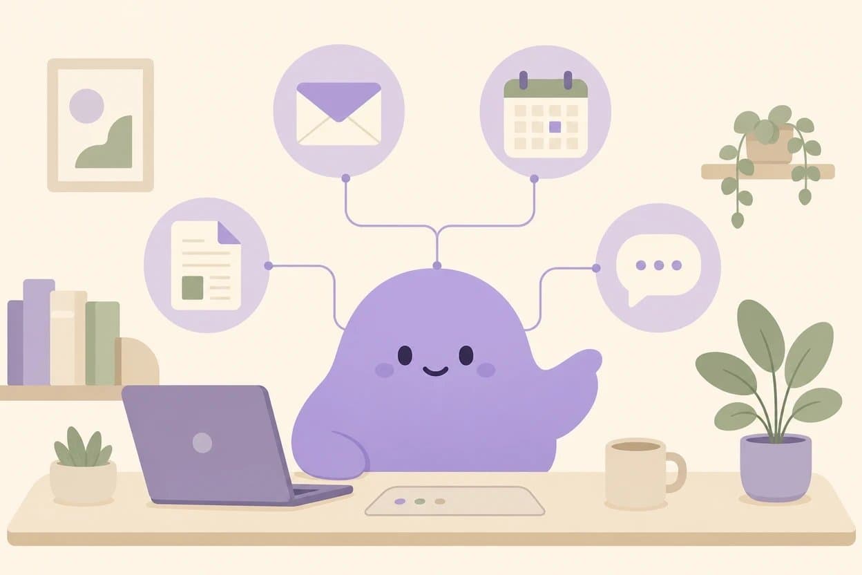 Flat illustration: the purple Zapians character at the center of a tidy desk, connected by lines to an envelope, a calendar, a document and a chat bubble