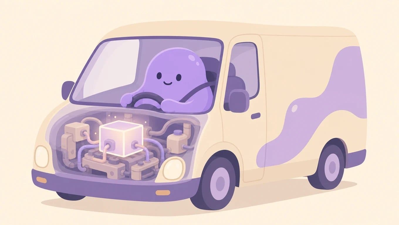 Ilustración plana: el personaje morado de Zapians maneja una camioneta cuyo capó transparente deja ver un pequeño motor cúbico luminoso