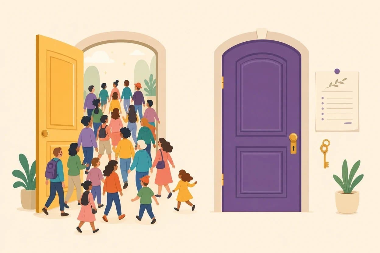 Flat illustration: two doors side by side — one open with a stream of colorful little characters walking in, and a closed purple door with a contract sheet and a key beside it