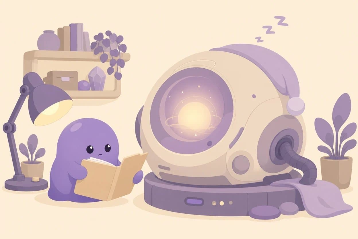 Flat illustration: the purple Zapians character reads a folder to a large sleeping round machine with a glowing core